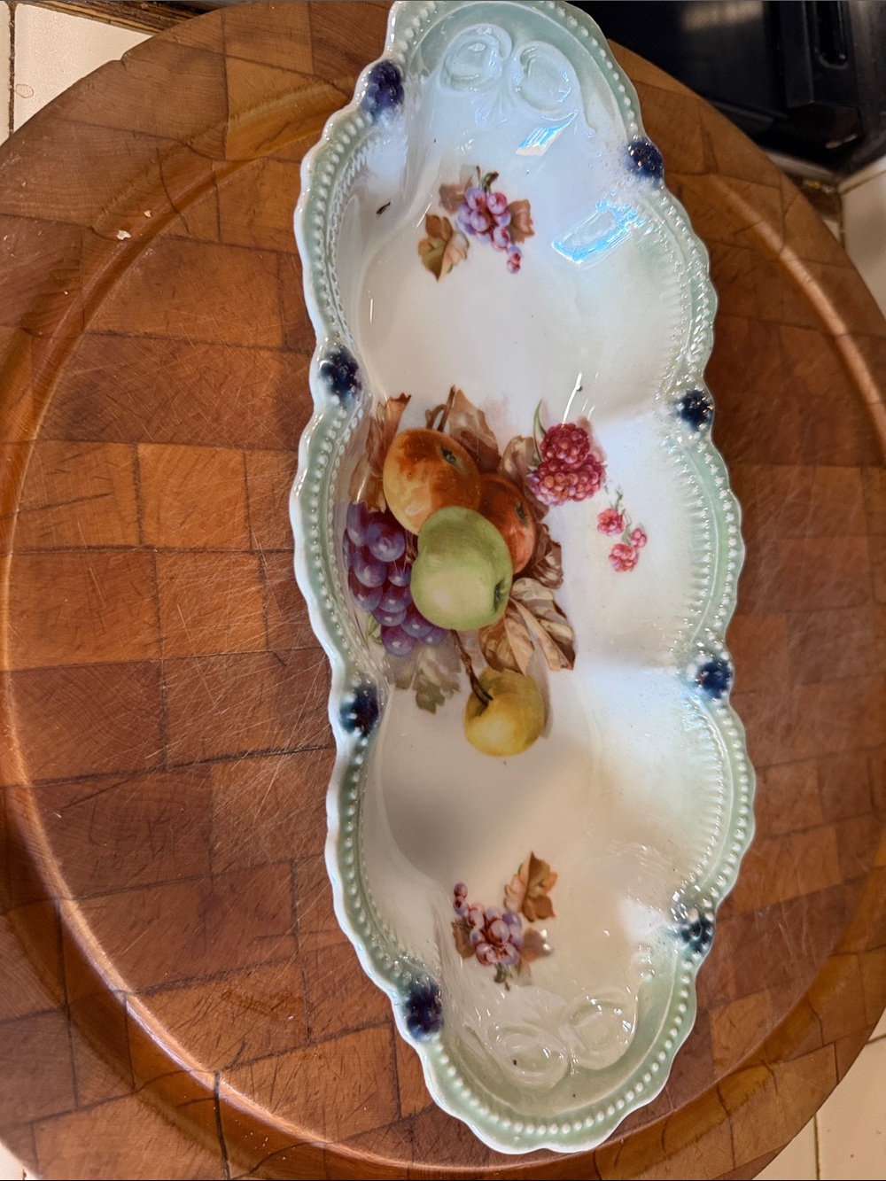 Antique Leuchtenburg Germany Porcelain Celery Relish Dish Fruit Grapes Apples